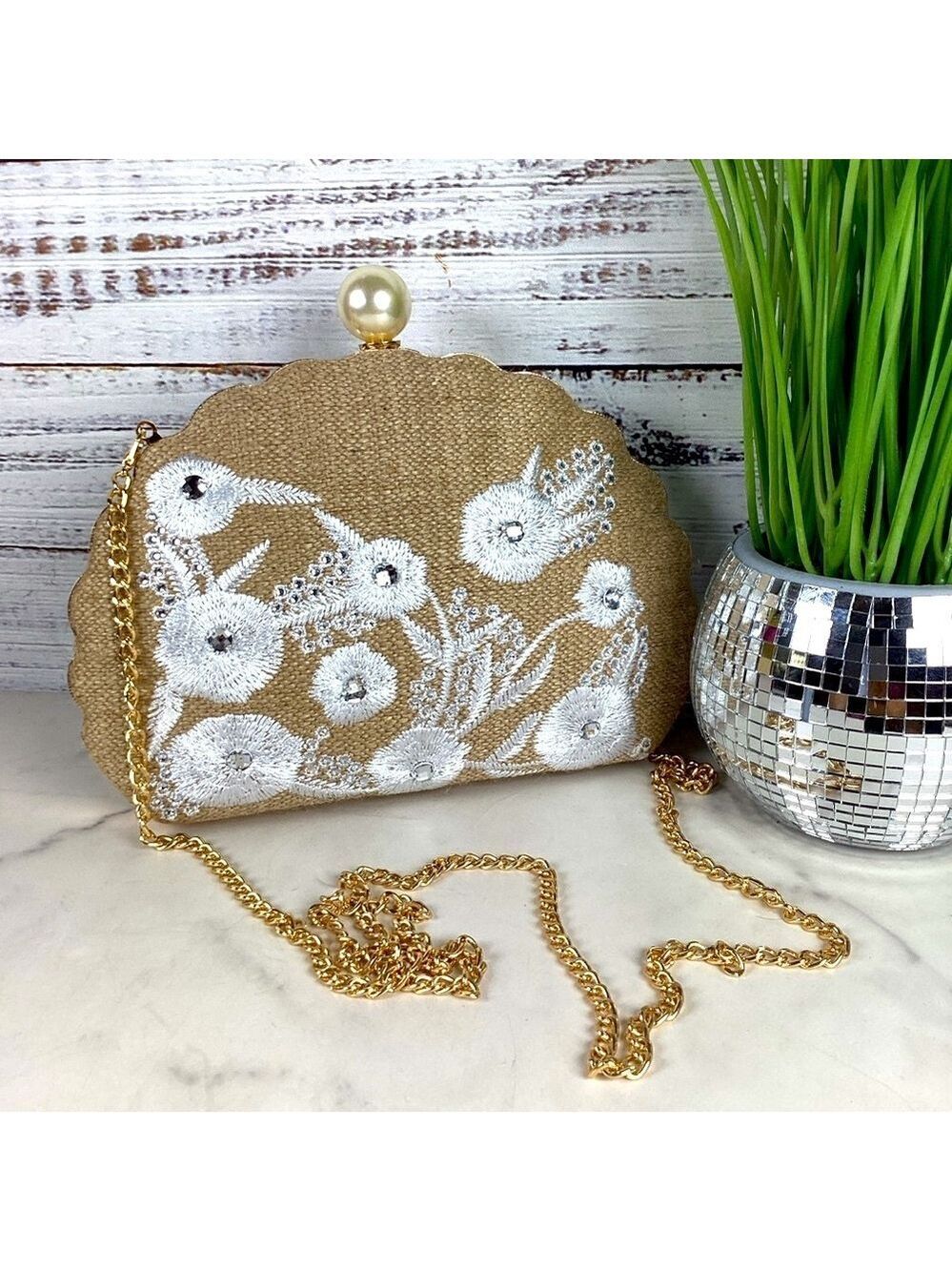 Haute Hippie Beach bag Tan Gold Floral Clutch Wristlet rhinestones embroidered - Picture 5 of 11